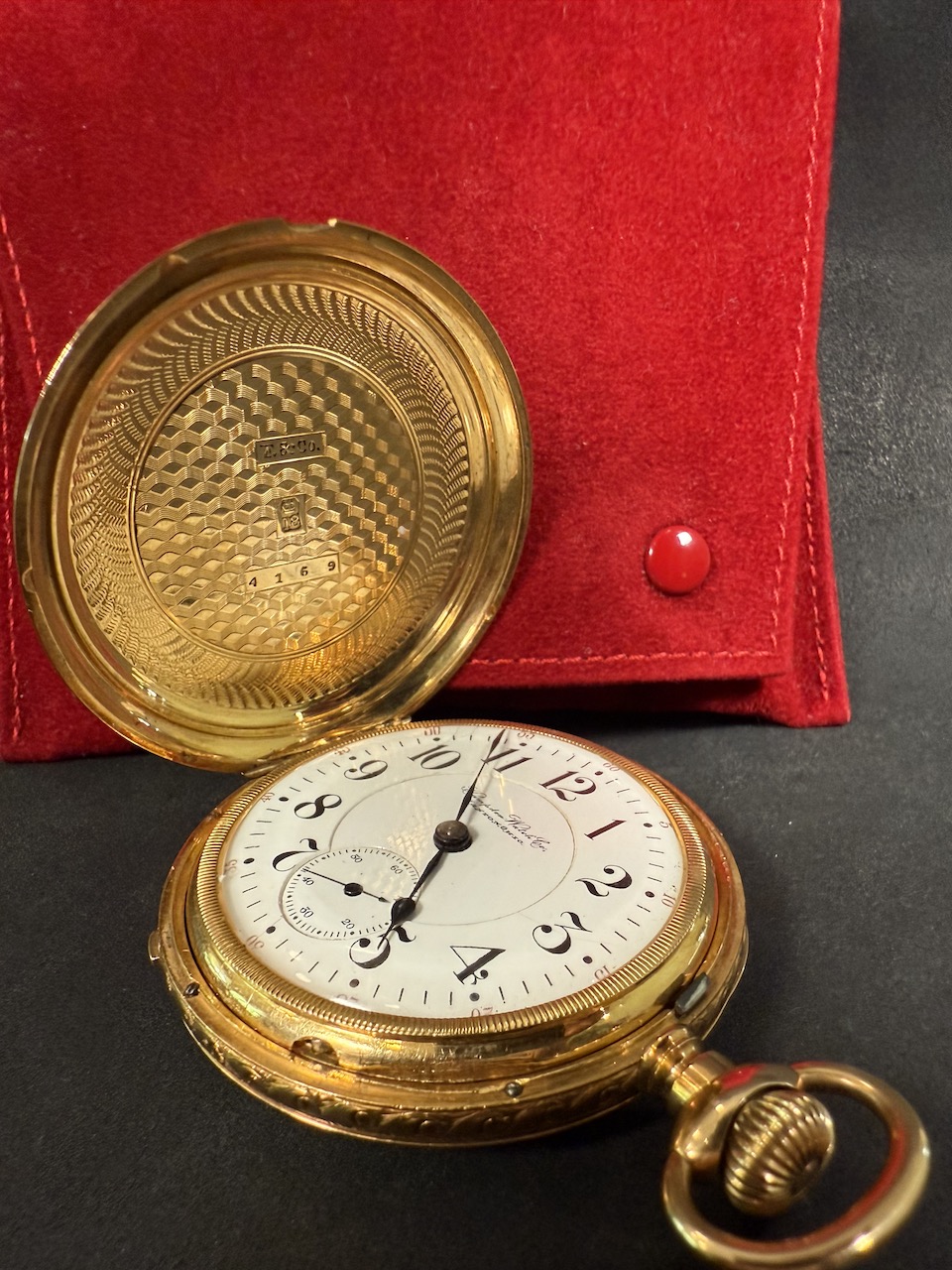 Hampden Watch Co 18s pocket watch dial close up open case