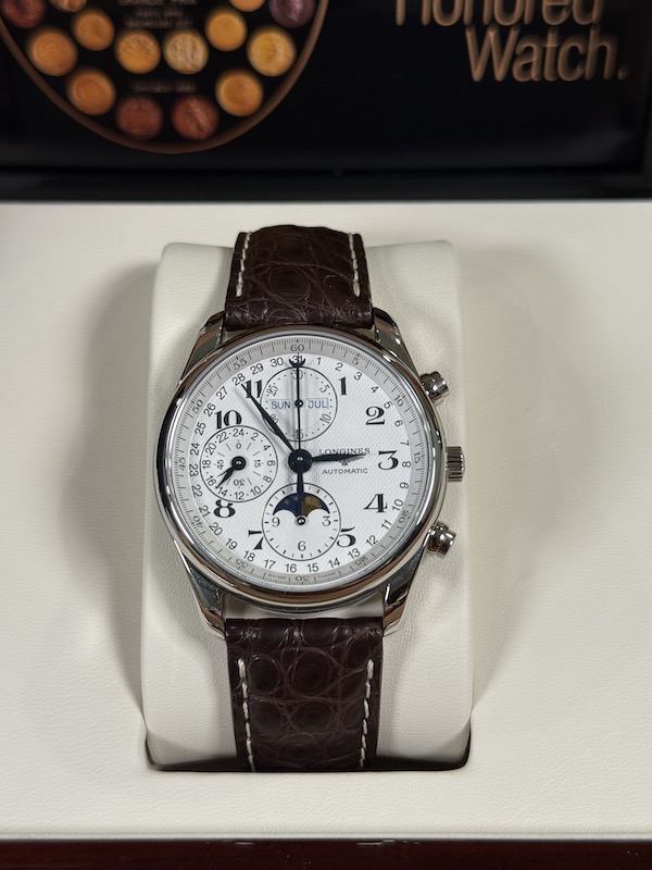 Longines Master Collection Chronograph Moonphase white dial brown alligator