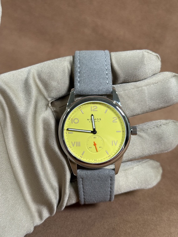 NOMOS Glashutte Club Campus 38 starlight yellow dial grey strap
