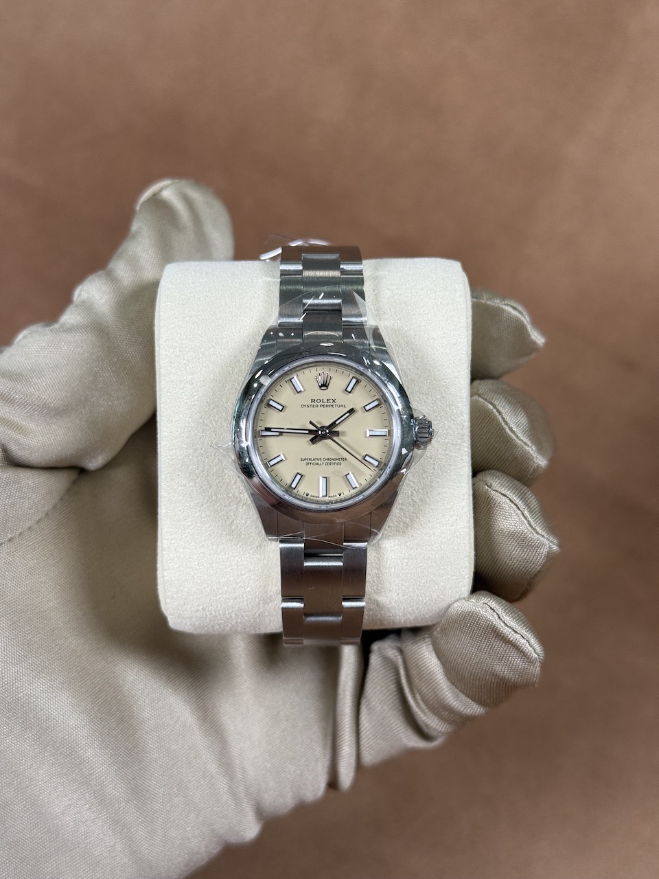 Rolex Oyster Perpetual 28 ref 276200 beige dial on wrist